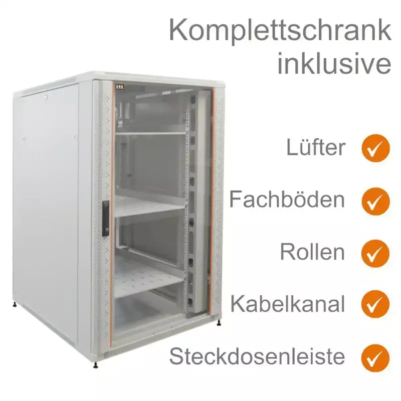 IT-BUDGET 19 inch Network Cabinet SRK Complete Set 27U 800x800mm Glass/Perforated Steel Door 4 Active Fans PDU Shelves Assembled Light Grey (99ITB19SRK2788GGM)