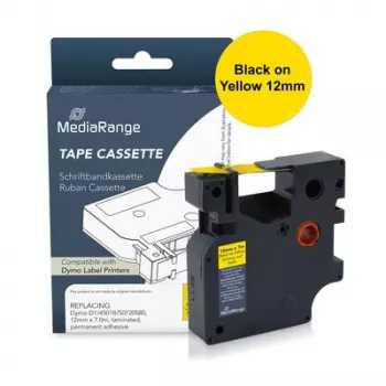 MediaRange Label Tape Cassette Compatible with Dymo 12mm x 7m Black on Yellow (MRDY45018)