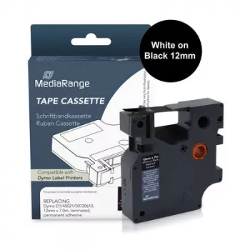 MediaRange Label Tape Cassette Compatible with Dymo 12mm x 7m White on Black (MRDY45021)