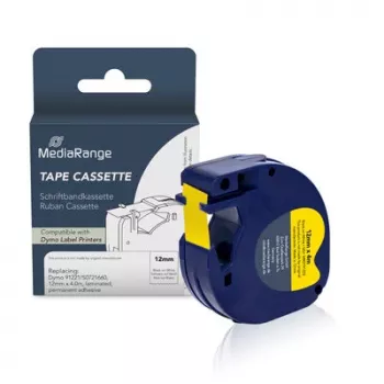 MediaRange suderinama Dymo etikečių juostos kasetė 12 mm x 4 m juoda ant geltonos (MRDY91222)