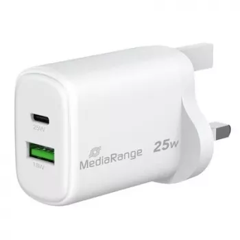 MediaRange 25W GaN Fast Charger UK Plug, 1x USB-C & 1x USB-A, PD & QC, White (MRMA112-UK)