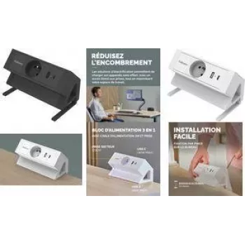 Fellowes Power Desk Maitinimo Juosta Tipas E Balta 3 AC Lizdai 2 USB-A 2m Laidas