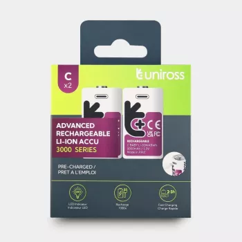 Uniross USB-C C/HR14 Įkraunamos ličio jonų baterijos 3000mAh, 2 vnt. pakuotė