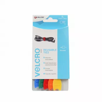 VELCRO VEL-EC60250 Daugkartiniai kabelių raiščiai su lipnia juosta – įvairių spalvų (mėlyna, žalia, oranžinė, raudona, geltona) – 20 cm x 12 mm – 5 vnt. pakuotė