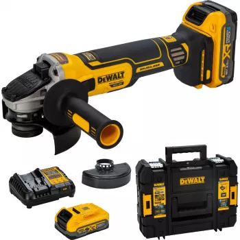 DEWALT DCG405S2T-QW 18V XR belaidis kampinis šlifuoklis 125 mm su šepečiu varikliu, 2x5,0 Ah akumuliatoriais, įkrovikliu ir TSTAK dėžute