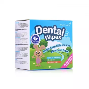 BRUSH BABY Dental Wipes su ksilitoliu dantenų ir pieninių dantukų valymui 0-16 mėn., 28 vnt.