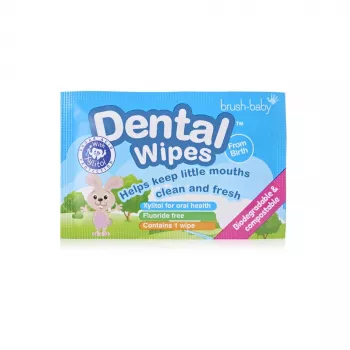 BRUSH BABY Dental Wipes su ksilitoliu dantenų ir pieninių dantukų valymui 0-16 mėn., 28 vnt.