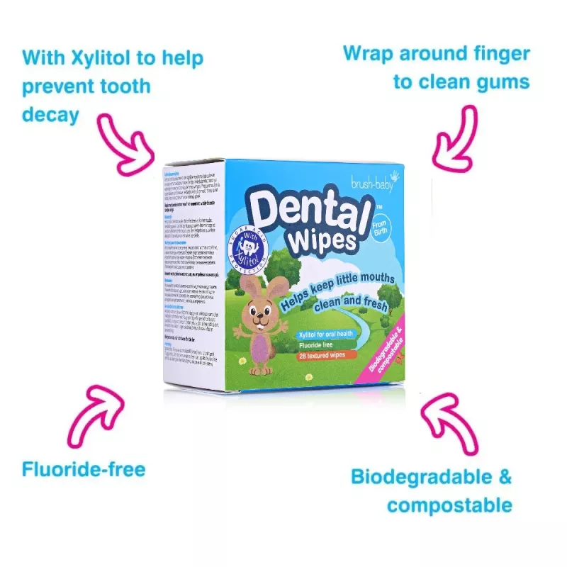 BRUSH BABY Dental Wipes su ksilitoliu dantenų ir pieninių dantukų valymui 0-16 mėn., 28 vnt.