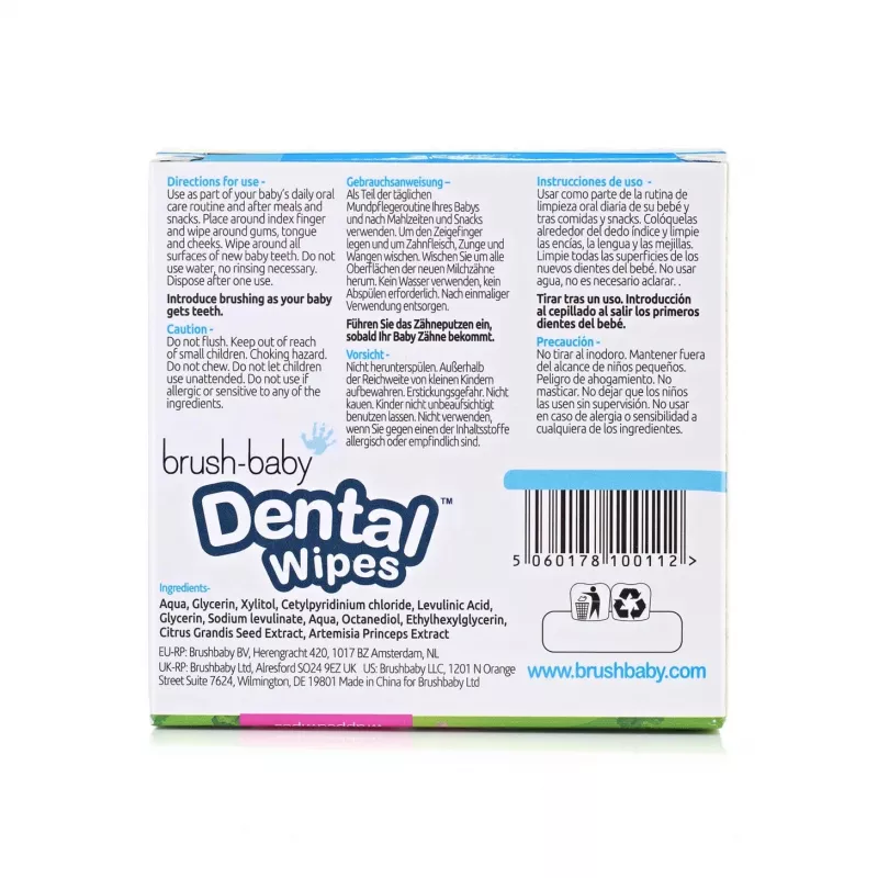 BRUSH BABY Dental Wipes su ksilitoliu dantenų ir pieninių dantukų valymui 0-16 mėn., 28 vnt.