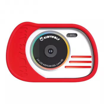 KIDYWOLF foto ir vaizdo kamera raudona - 8MP vaikų skaitmeninė kamera su 2,0 inch LCD, Full HD 1080p, 4x priartinimu, smūgiams atspariu silikoniniu dėklu, MicroSD lizdu, įtaisytomis žaidimais, įkraunama baterija, USB kabeliu ir kaklo dirželiu