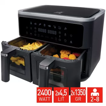 Fritel SnackTastic 8480 Airfryer 2 x 4.5L dviejų krepšių oro gruzdintuvė, 2400W, skaitmeninis jutiklinis ekranas, juoda