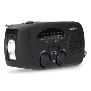Nedis RDFMCR2000BK Saulės Radijas su Žibintuvėliu ir SOS Funkcija, FM/AM, USB-C, 2000 mAh, Juodas
