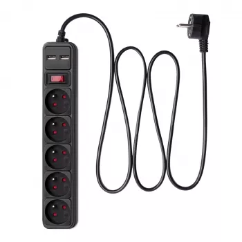 Akyga AK-SP-05U Apsauginis tinklo filtras su 5 kištukiniais lizdais, 2x USB-A, 1,8 m laidu, juodas