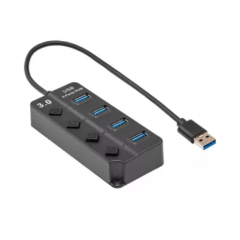 AKYGA AK-AD-33 USB 3.0 4 prievadų šakotuvas su atskirais jungikliais, 15 cm kabeliu, juodas