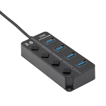 AKYGA AK-AD-33 USB 3.0 4 prievadų šakotuvas su atskirais jungikliais, 15 cm kabeliu, juodas