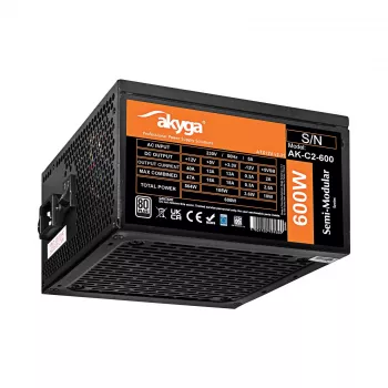 AKYGA maitinimo blokas ATX 600W AK-C2-600 pusiau modulinis P4+4 2x PCI-E 6+2 pin 5x SATA 3x Molex ventiliatorius 12cm