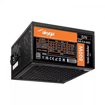 AKYGA maitinimo blokas ATX 800W AK-C2-800 pusiau modulinis P4+4 2x PCI-E 6+2 pin 6x SATA 3x Molex ventiliatorius 12cm