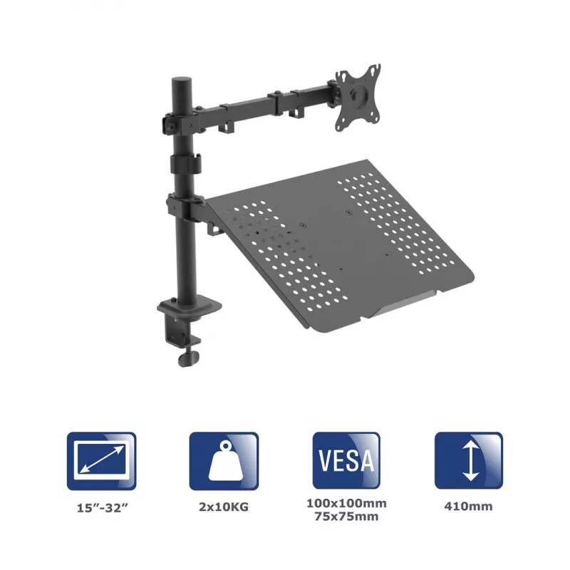 Akyga AK-MB-04 stalinis monitoriaus laikiklis su nešiojamojo kompiuterio padėklu, 15-32 col., 2x 10 kg, VESA 75x75 / 100x100, juodas