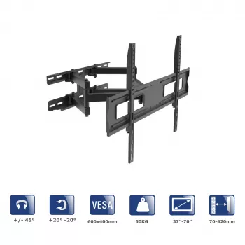 AKYGA AK-MB-10 Full Motion TV Laikiklis sieniniam montavimui, 37–70 colių ekranams, VESA 600x400 mm, 50 kg keliamoji galia, sukimas ±45°, pakreipimas ±15°, juodas