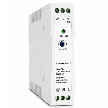 Qoltec DIN Rail Power Supply 20W 12V 1.67A White Slim