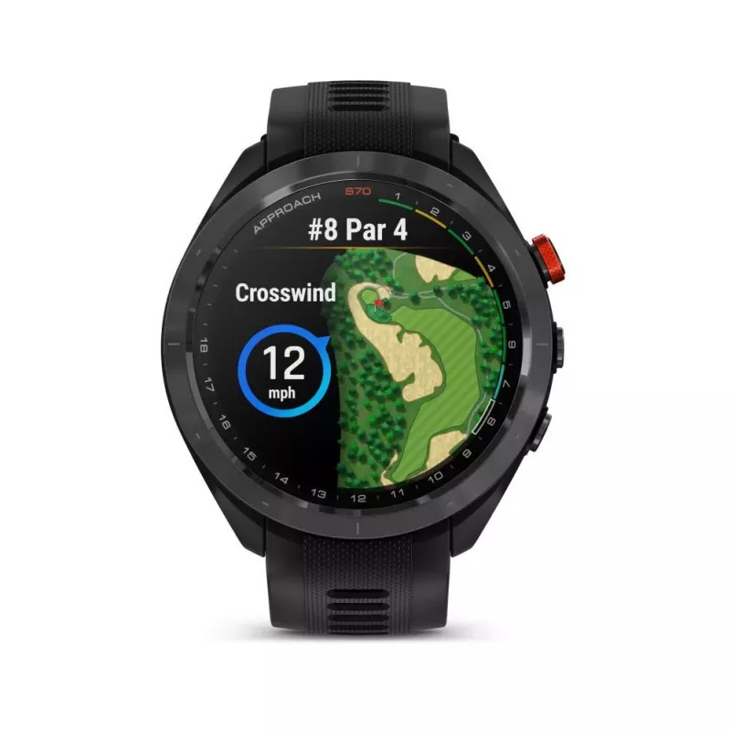 Garmin Approach S70 47 mm golfo GPS išmanusis laikrodis – juodas/raudonas keramikinis apvadas su juoda silikonine juostele