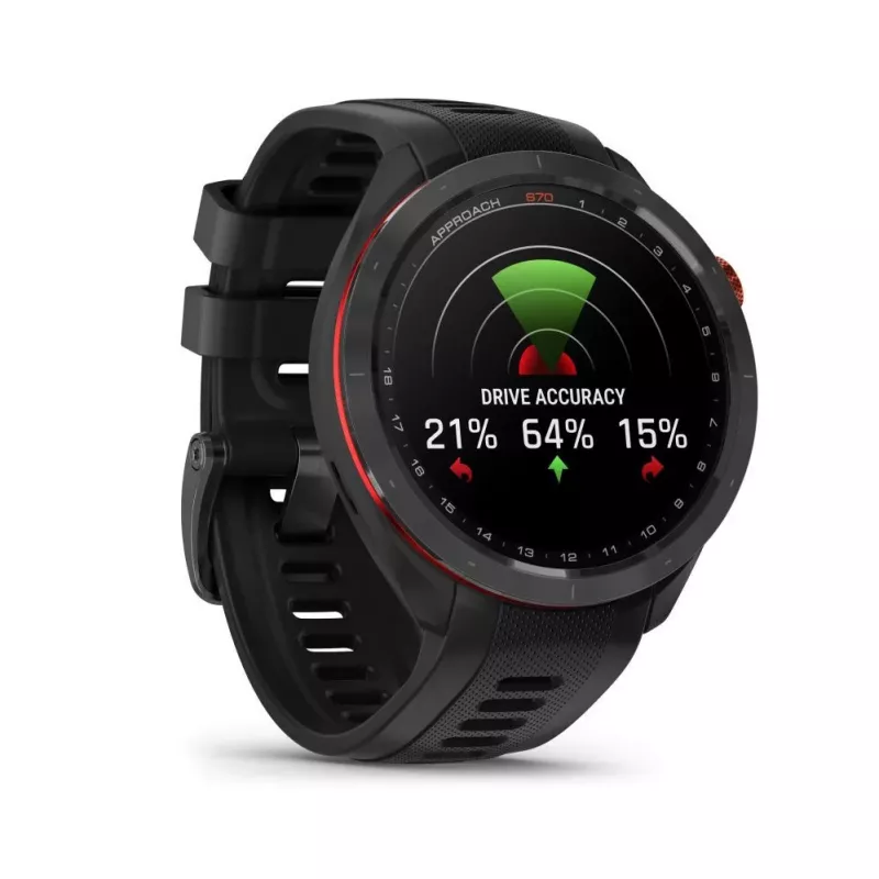 Garmin Approach S70 47 mm golfo GPS išmanusis laikrodis – juodas/raudonas keramikinis apvadas su juoda silikonine juostele