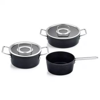 Fissler Adamant puodų komplektas, 3 dalys: 20 cm puodas, 24 cm troškintuvas ir 18 cm kaušelis, su stikliniais dangčiais (156-115-03-000/0)
