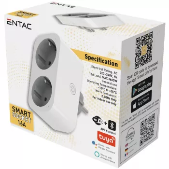 ENTAC Smart WiFi Double Socket Adapter ES-DSA-WIBLE, White, 2 Outlets, 3680W
