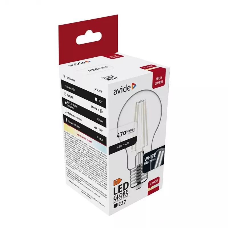Avide LED kaitrinė rutulinė lemputė 4,5W E27 šilta balta 2700K