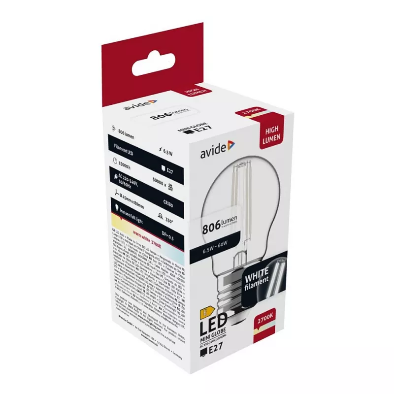 Avide LED lemputė White Filament Mini Globe 6,5W E27 Šilta balta 2700K