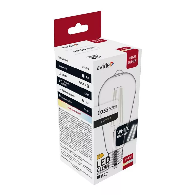 Avide LED lemputė White Filament ST64 8,5W E27 šilta balta 2700K