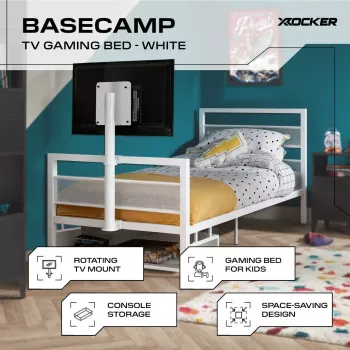 XROCKER Gaming Single Bed 90x190cm su TV laikikliu Metal White