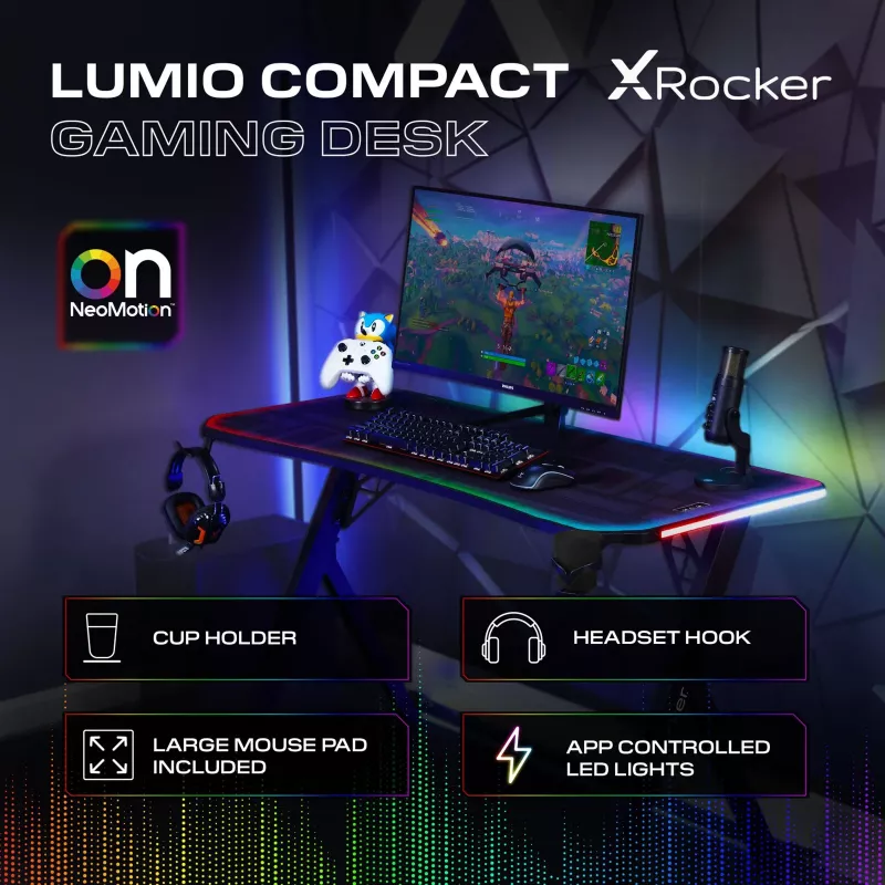 X Rocker Lumio RGB Gaming Stalas su LED Apšvietimu ir Pelės Kilimėliu