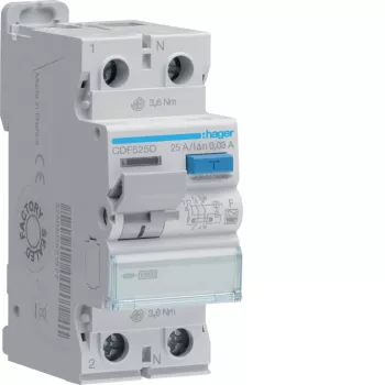 HAGER CDF525D liekamosios srovės automatinis jungiklis 2P 10kA 25A 30mA F tipo
