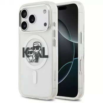 Karl Lagerfeld IML Glitter Karl & Choupette Sketch Logo MagSafe Dėklas, skirtas iPhone 17 Pro, Skaidrus