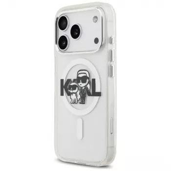 Karl Lagerfeld IML Glitter Karl & Choupette Sketch Logo MagSafe Dėklas, skirtas iPhone 17 Pro, Skaidrus