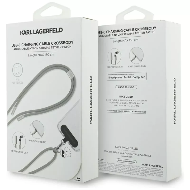 Karl Lagerfeld Crossbody Strap Choupette Charm - Universal Phone Strap / USB-C to USB-C Cable 1,5m (Grey)