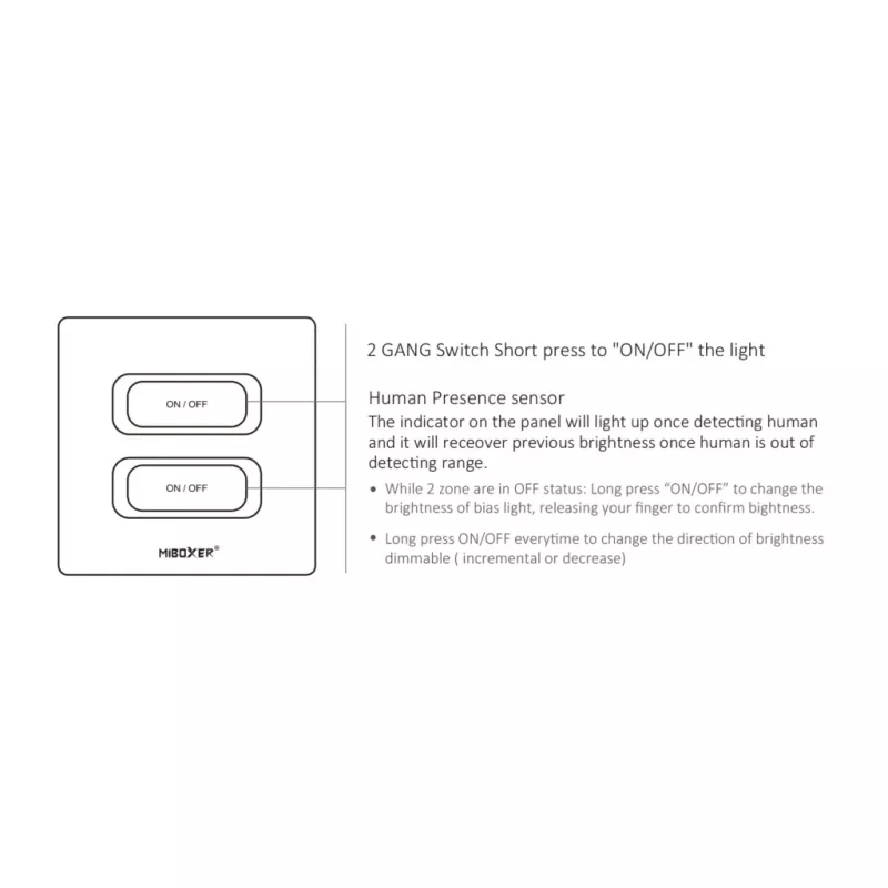 MIBOXER ESW2B 2-Gang Smart Switch LED nuotolinio valdymo pultas su WiFi ir 2,4GHz judesio jutikliu bei reguliatoriumi