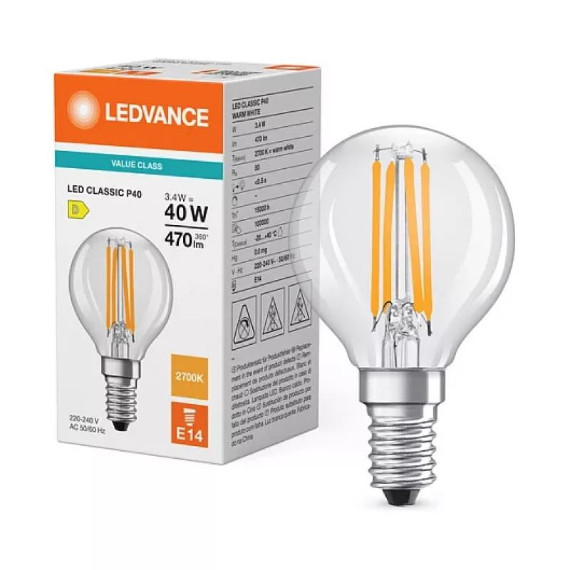Osram LED Classic P 40 Filament 3.4W 827 Clear E14 LED Lemputė, Mini Rutulys