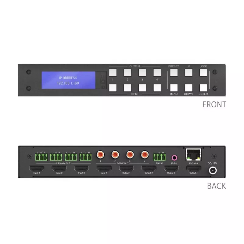 PureLink PureTools PT-MA-HD44M HDMI 2.0 matrica 4x4 4K 60Hz 4:4:4 HDR10 ir garsas – KVM jungiklis – RS-232