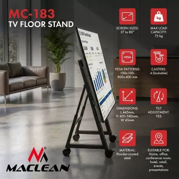Maclean MC-183 Mobilus TV stovas/vežimėlis, 37-80 inch, VESA 800x400, 75 kg, fiksuojami ratukai, juodas