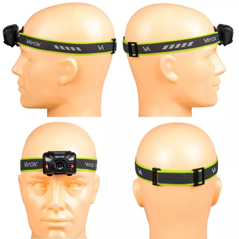 VAYOX VA0020 įkraunamas žibintuvėlis ant galvos, 170 lm, judesio jutiklis, 1200 mAh, USB-C, IP66, juodos spalvos