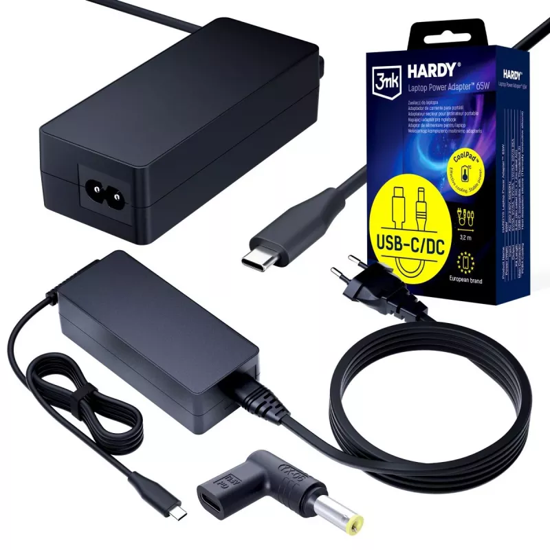3MK PROTECTION 3mk HARDY® nešiojamojo kompiuterio maitinimo adapteris 65W, skirtas IBM/Lenovo/Asus/Toshiba/Acer/Compaq/HP/Dell, 20V USB-C/DC 5,5x2,5mm