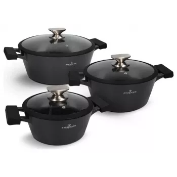 Zwieger Black Stone 6 dalių puodų rinkinys su dangčiais, kaltas aliuminis, tinka indukcinėms kaitlentėms, juodas
