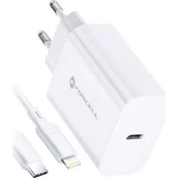 FORCELL F-ENERGY TFK-TC-20WPD USB-C sieninis įkroviklis su USB-C į Lightning laidu, 20W PD QC4.0, 3A, baltas