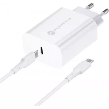 FORCELL F-ENERGY TFK-TC-25WPD USB-C sieninis įkroviklis 25W PD QC 3.0 su USB-C į USB-C laidu 3A baltas