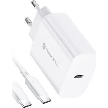 FORCELL F-ENERGY TFK-TC-25WPD USB-C sieninis įkroviklis 25W PD QC 3.0 su USB-C į USB-C laidu 3A baltas