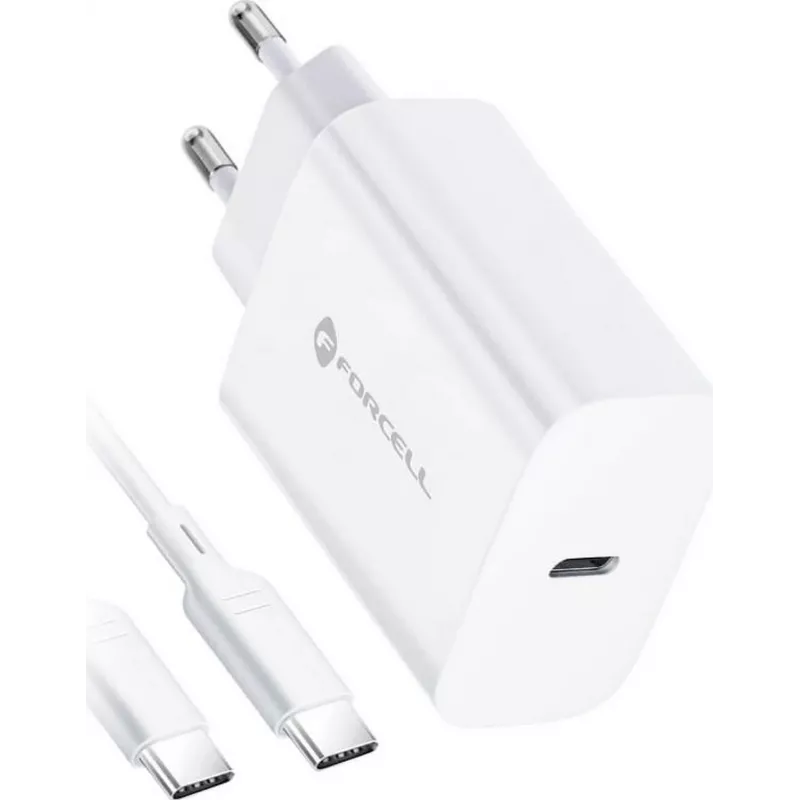 FORCELL F-ENERGY TFK-TC-25WPD USB-C sieninis įkroviklis 25W PD QC 3.0 su USB-C į USB-C laidu 3A baltas
