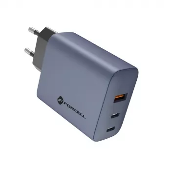 FORCELL F-ENERGY GaN VT-42B sieninis įkroviklis 2x USB-C + USB-A PD QC4.0 4A 65W Pilka