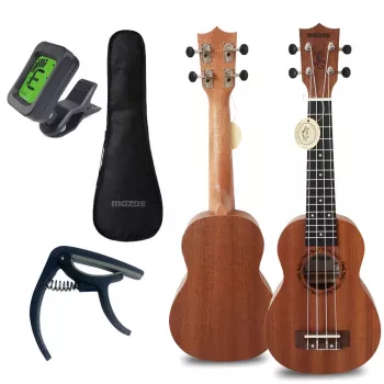MOZOS GECKO Soprano Ukulele rinkinys - natūrali mediena, 12 griovelių, nailoninės stygos, komplekte krepšys, derintuvas, plektrai, diržas, atsarginės stygos, valymo šluostė